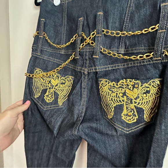 G-Unit Y2KVintage Super HighRise Embroidered Cross Wings Gold Chain Belt Jeans 3 - Picture 9 of 16